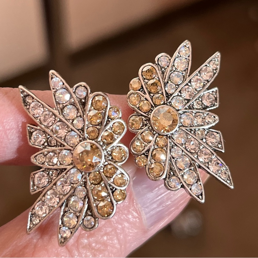 Lulu Frost Art Deco Ombre Champagne Rhinestone Silver Oversized Clip Earrings